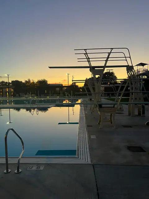 Twilight reflections on the calm pool.